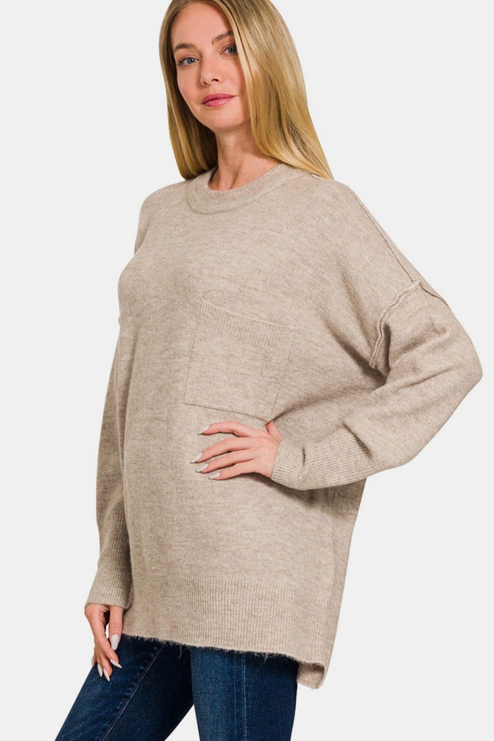 Light Gray Zenana High-Low Hem Drop Shoulder Sweater