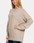 Light Gray Zenana High-Low Hem Drop Shoulder Sweater