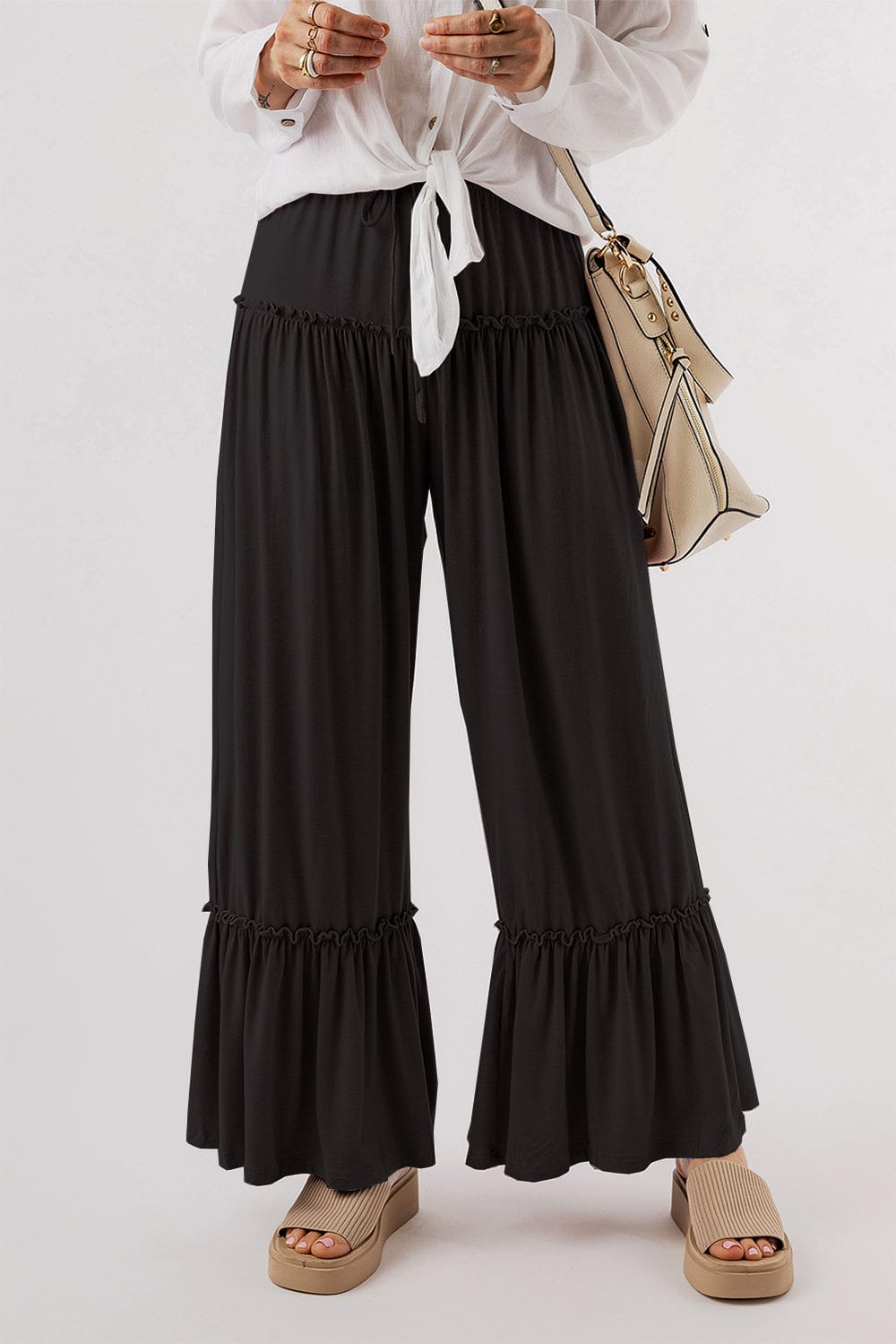 Light Gray Tied Frill Ruched Bootcut Pants