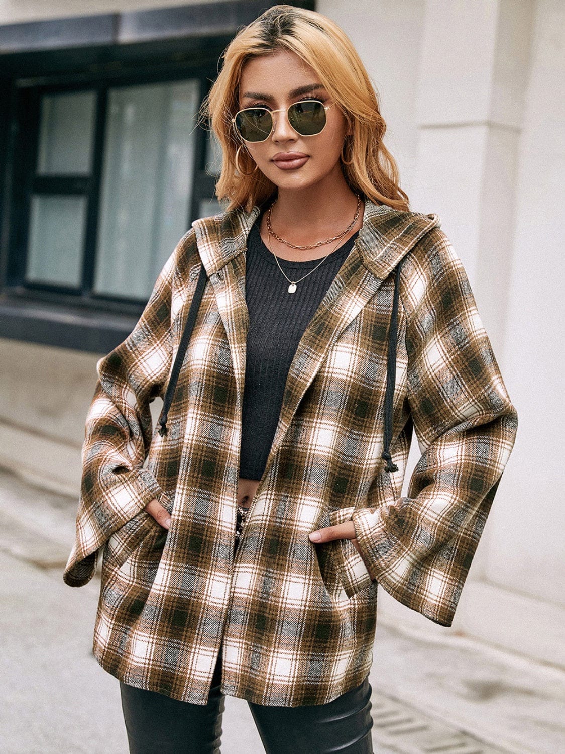 Gray Pocketed Plaid Long Sleeve Hooded Jacket