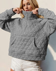 Double Take Half Zip Long Sleeve Quilted Sweatshirt with Pocket