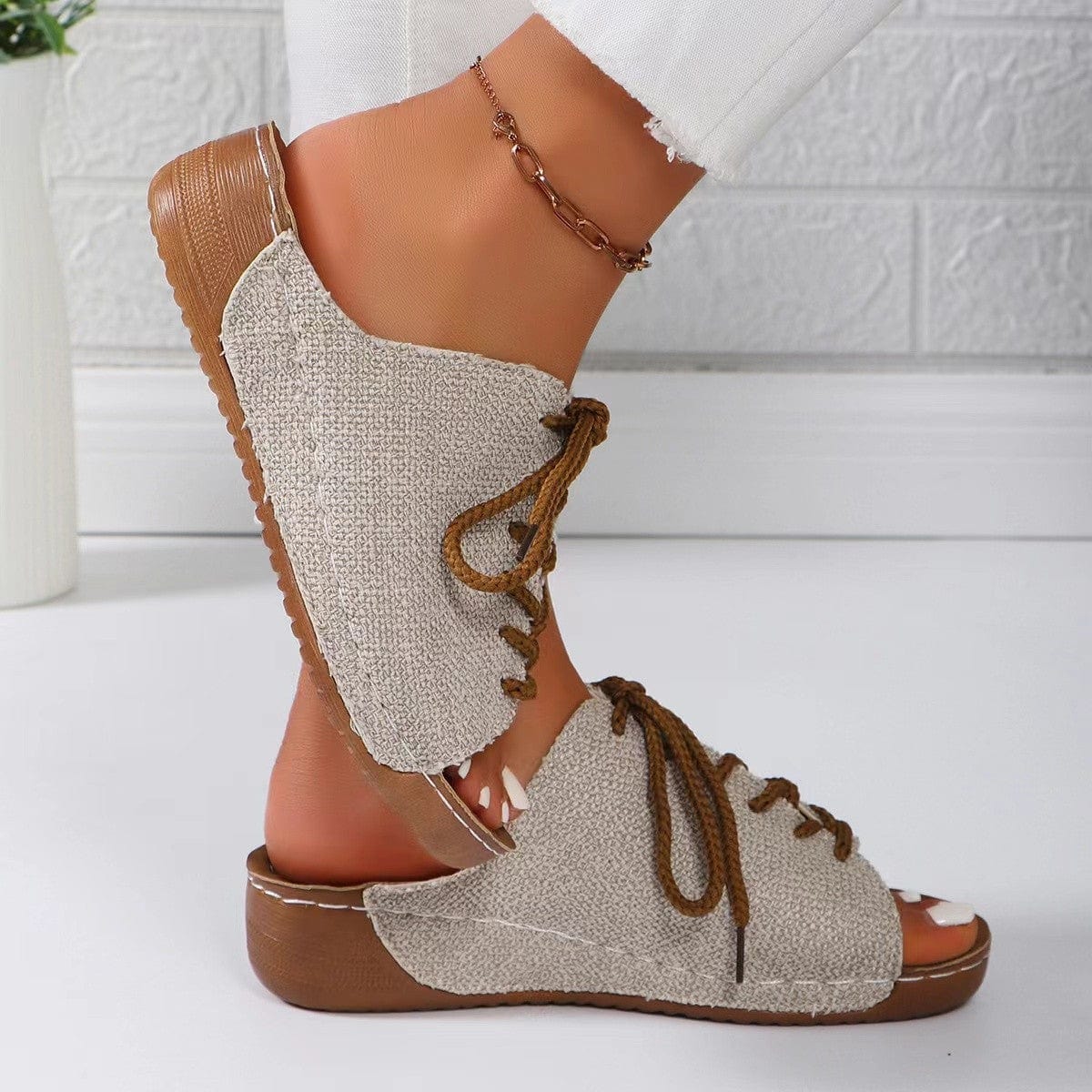 Gray Lace-Up Open Toe Wedge Sandals