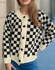 Checkered Button Up Round Neck Cardigan