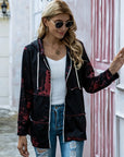 Shiny Full Size Drawstring Printed Zip Up Long Sleeve Jacket