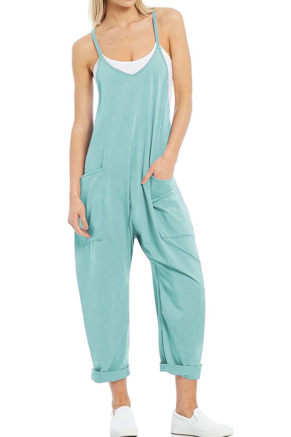 Light Steel Blue Spaghetti Strap Jumpsuit with Pockets