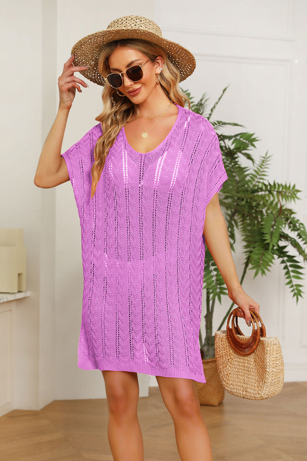 Double Take Openwork Short Sleeve Slit Knit Cover Up