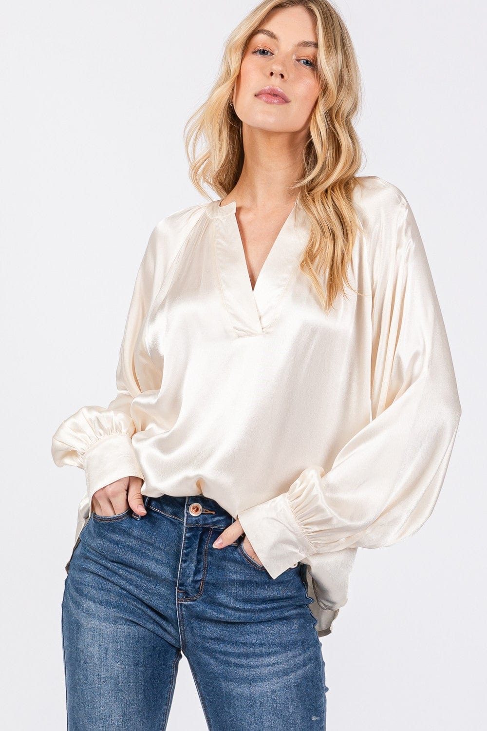 Misty Rose SAGE + FIG Notched Long Sleeve Blouse