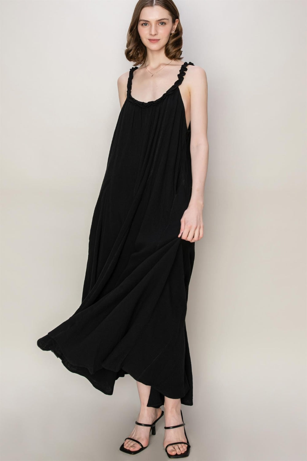 Light Gray HYFVE Frill Sleeveless A-Line Maxi Dress Sentient Beauty Fashions Apparel &amp; Accessories