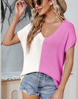 Color Block V-Neck Short Sleeve Knit Top