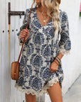 Lace Detail Printed V-Neck Mini Dress