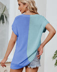 Color Block V-Neck Short Sleeve Knit Top