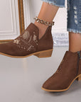 Embroidered Suede Point Toe Block Heel Boots