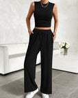 Black Mock Neck Sleeveless Top and Drawstring Pants Set