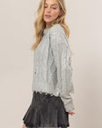 HYFVE Distressed Cable-Knit Round Neck Long Sleeve Sweater