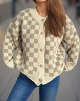 Checkered Button Up Round Neck Cardigan