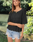 Dark Slate Gray Openwork Round Neck Half Sleeve Knit Top