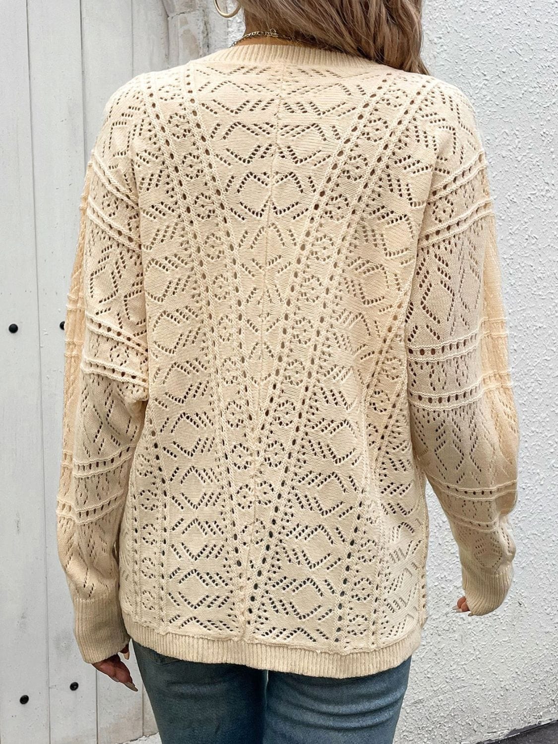 Light Gray Openwork Button Up Long Sleeve Cardigan