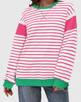 Slit Exposed Seam Striped Long Sleeve Sweatshirt