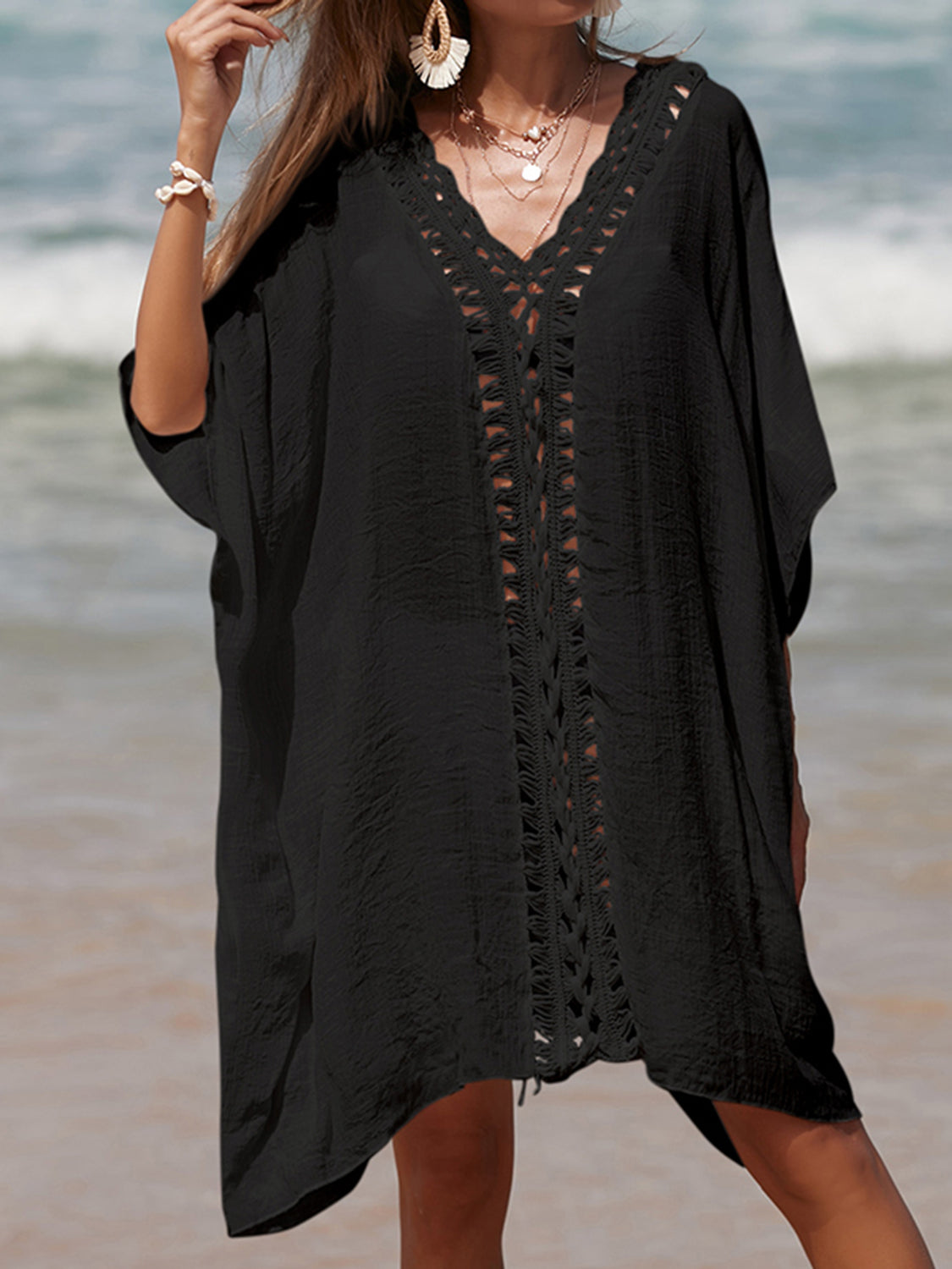 Dark Gray Cutout V-Neck Three-Quarter Sleeve Cover Up Sentient Beauty Fashions Apparel &amp; Accessories