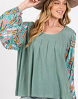 Light Slate Gray SAGE + FIG Ruched Round Neck Printed Bubble Sleeve Top Sentient Beauty Fashions Apparel & Accessories