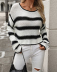 Dark Gray Striped Round Neck Long Sleeve Sweater