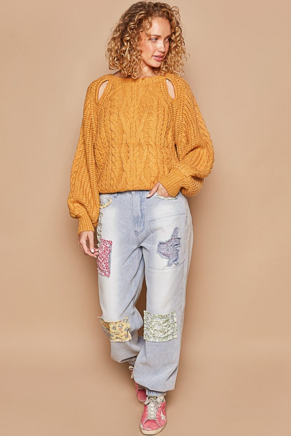 Tan POL Cable Knit Cutout Long Sleeve Sweater