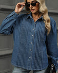 Button Down Collared Neck Long Sleeve Denim Top