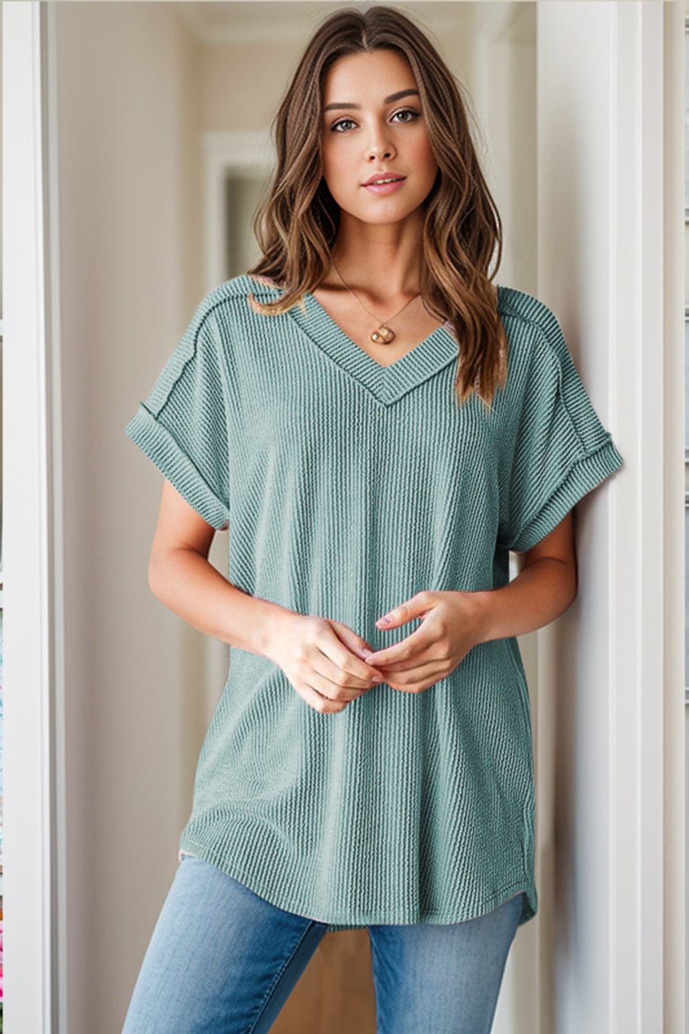 Gray Textured V-Neck Short Sleeve Top