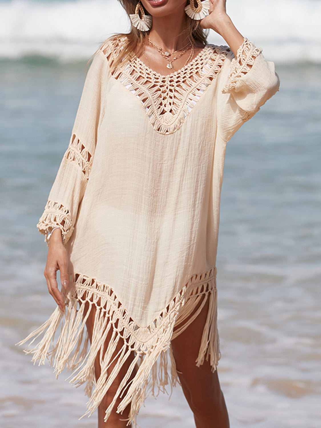 Gray Cutout Fringe Scoop Neck Cover-Up Sentient Beauty Fashions Apparel &amp; Accessories