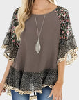 Light Gray Full Size Frill Printed Round Neck Half Sleeve Blouse