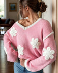 Rosy Brown Flower V-Neck Dropped Shoulder Sweater