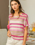 BiBi Striped Openwork Short Sleeve Knit Cover Up