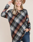 BOMBOM Plaid Round Neck Long Sleeve Knit Top