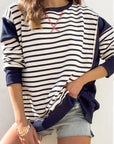 Slit Exposed Seam Striped Long Sleeve Sweatshirt