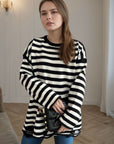 Distressed Striped Round Neck Long Sleeve Sweater