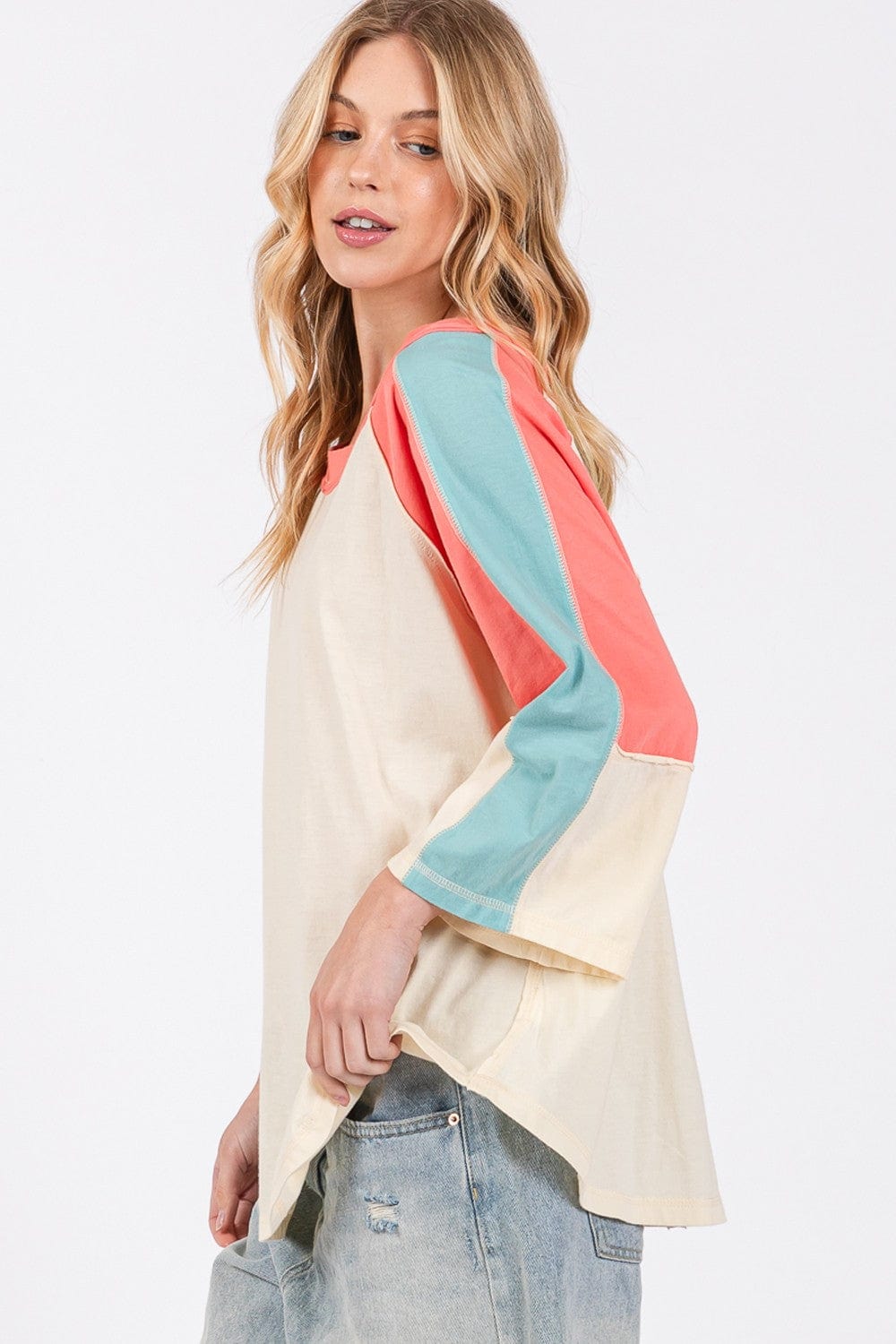 Beige SAGE + FIG Color Block Curved Hem T-Shirt