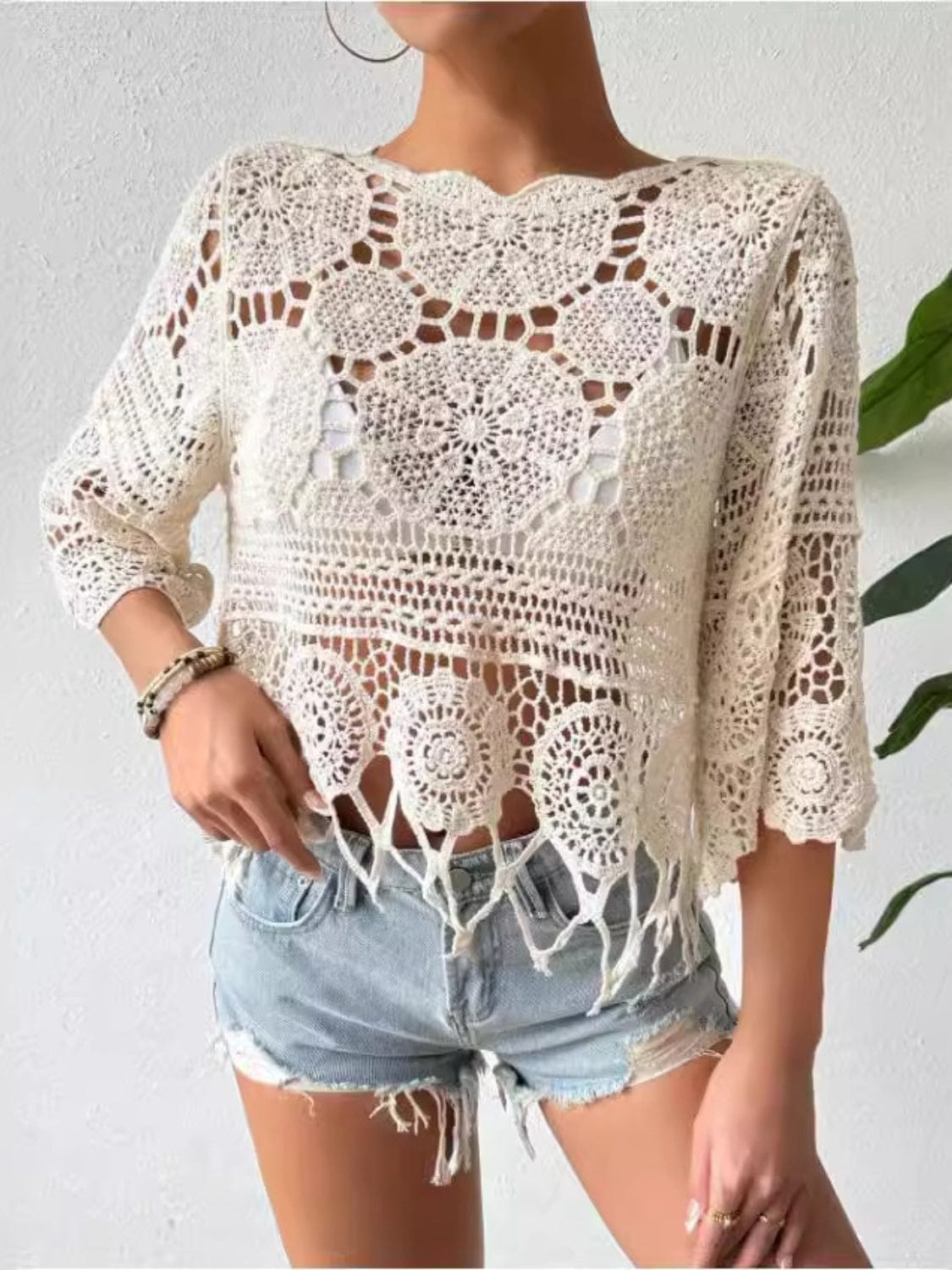 Light Gray Openwork Round Neck Cover-Up