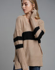 Slit Contrast V-Neck Long Sleeve Sweater