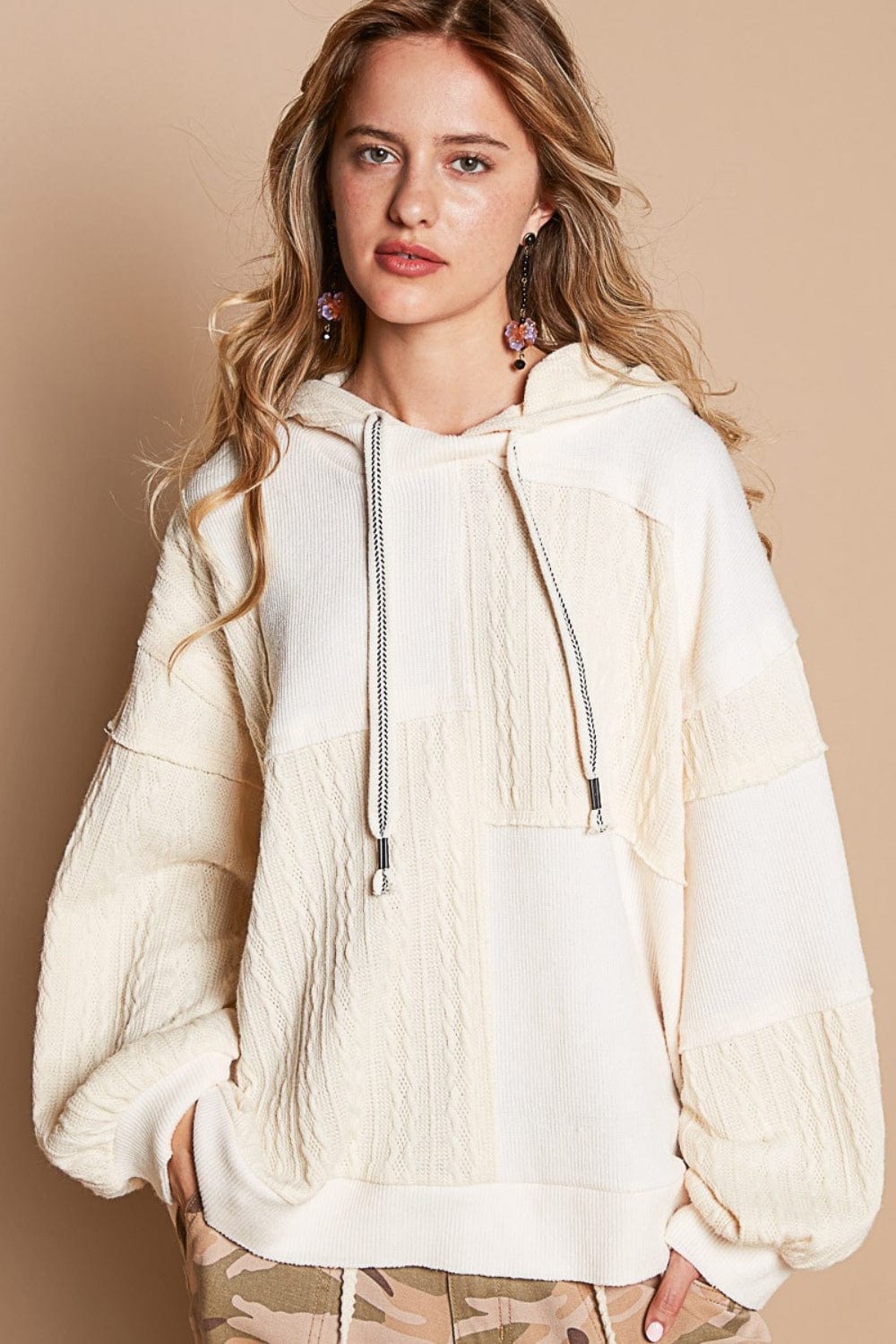 Light Gray POL Exposed Seam Hooded Knit Top