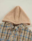 Drawstring Waffle Knit Patchwork Hooded Plaid Shacket