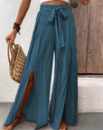 Dark Slate Gray Tied Slit Wide Leg Pants