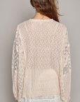 POL Round Neck Long Sleeve Raw Edge Lace Top