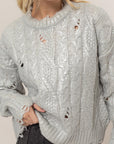 HYFVE Distressed Cable-Knit Round Neck Long Sleeve Sweater