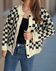 Checkered Button Up Round Neck Cardigan