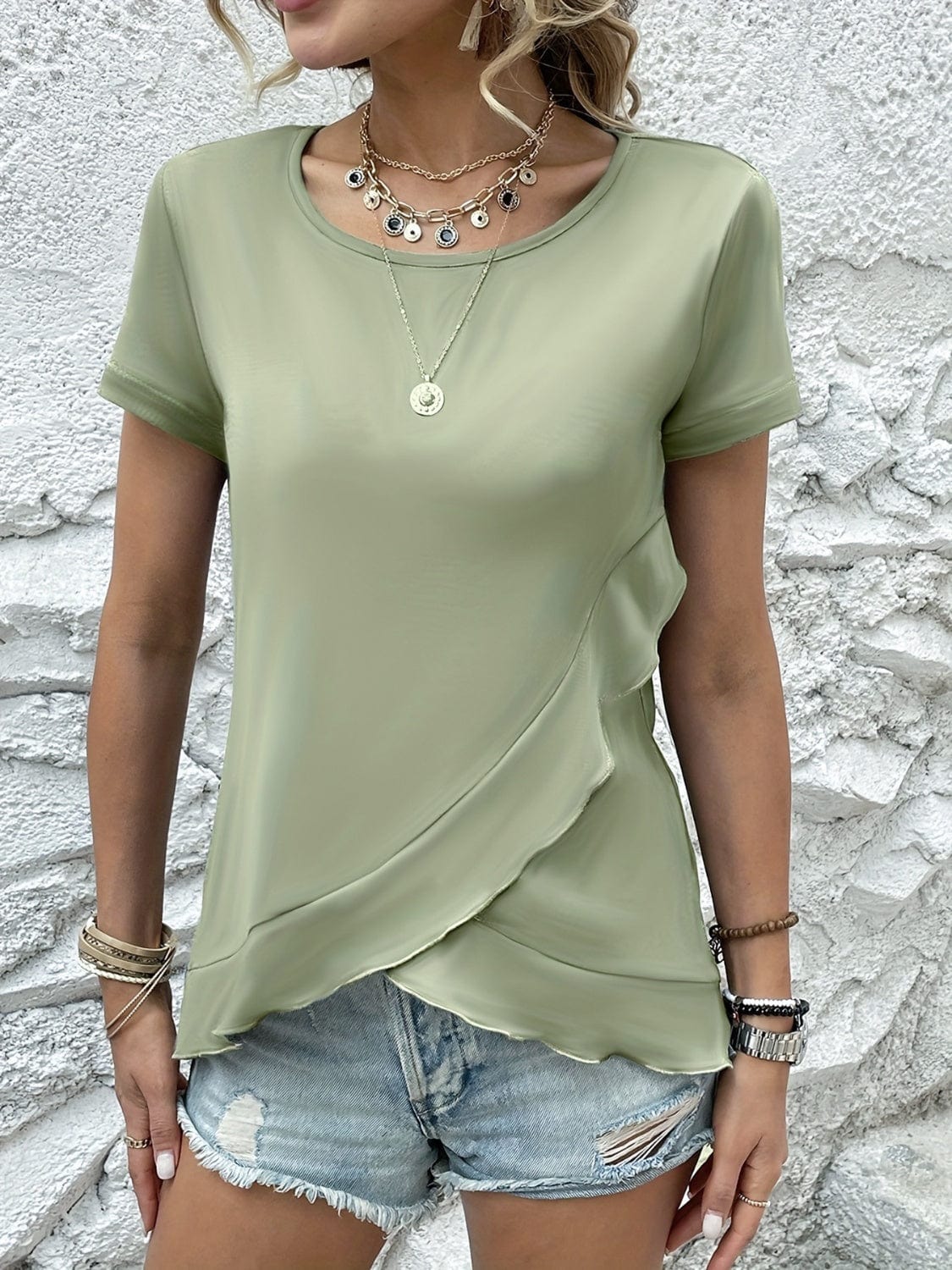 Ruffled Round Neck Short Sleeve Top