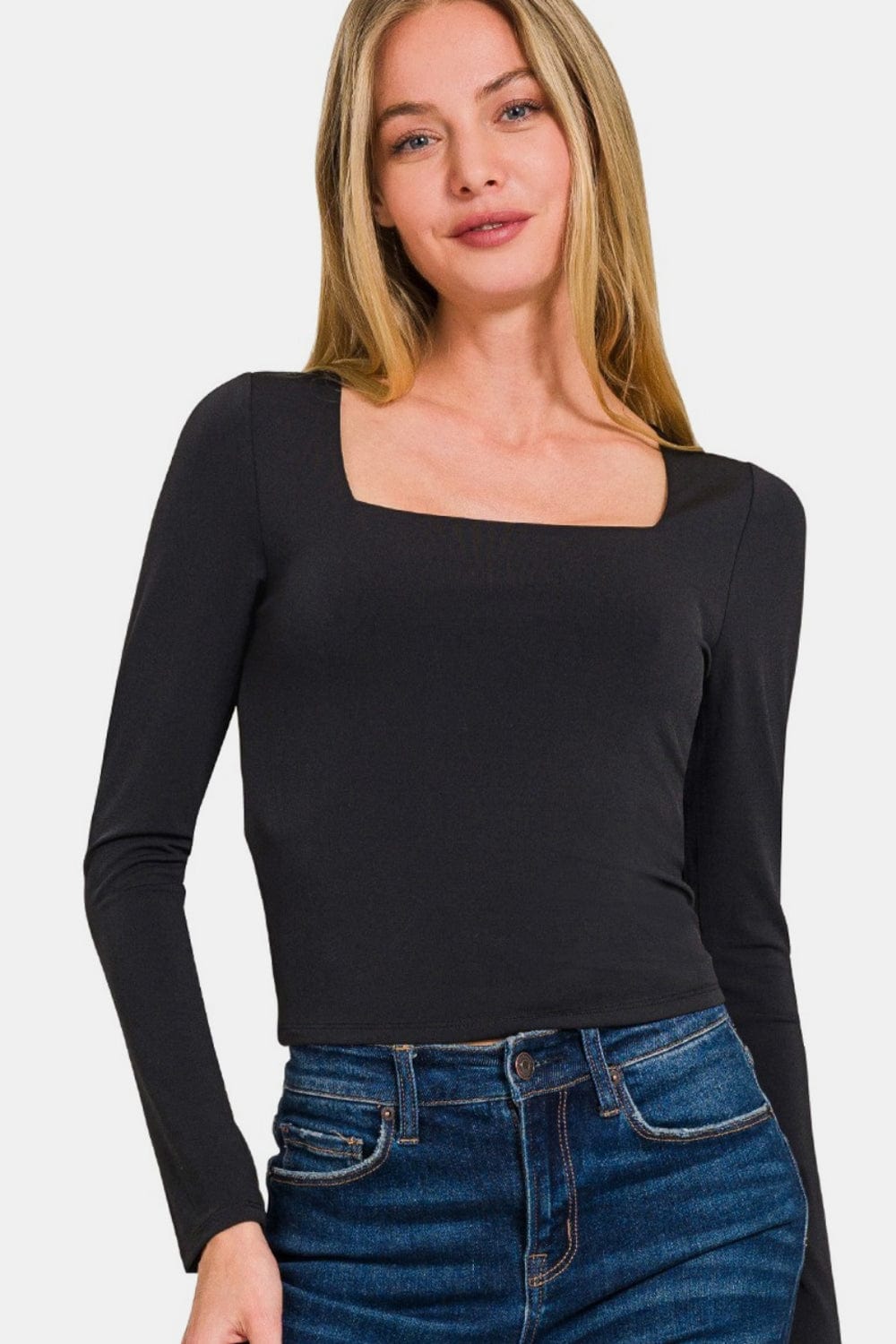 Misty Rose Zenana Square Neck Fitted Long Sleeve T-Shirt