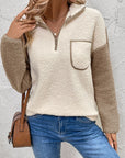 Perfee Contrast Half Zip Long Sleeve Sweatshirt