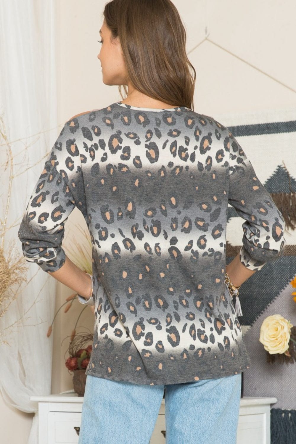 Gray Celeste Full Size Leopard Long Sleeve T-Shirt with Braided Strap