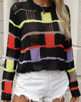 Black Openwork Color Block Round Neck Sweater