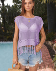 Dark Gray Openwork Cap Sleeve Knit Cover Up with Tassel